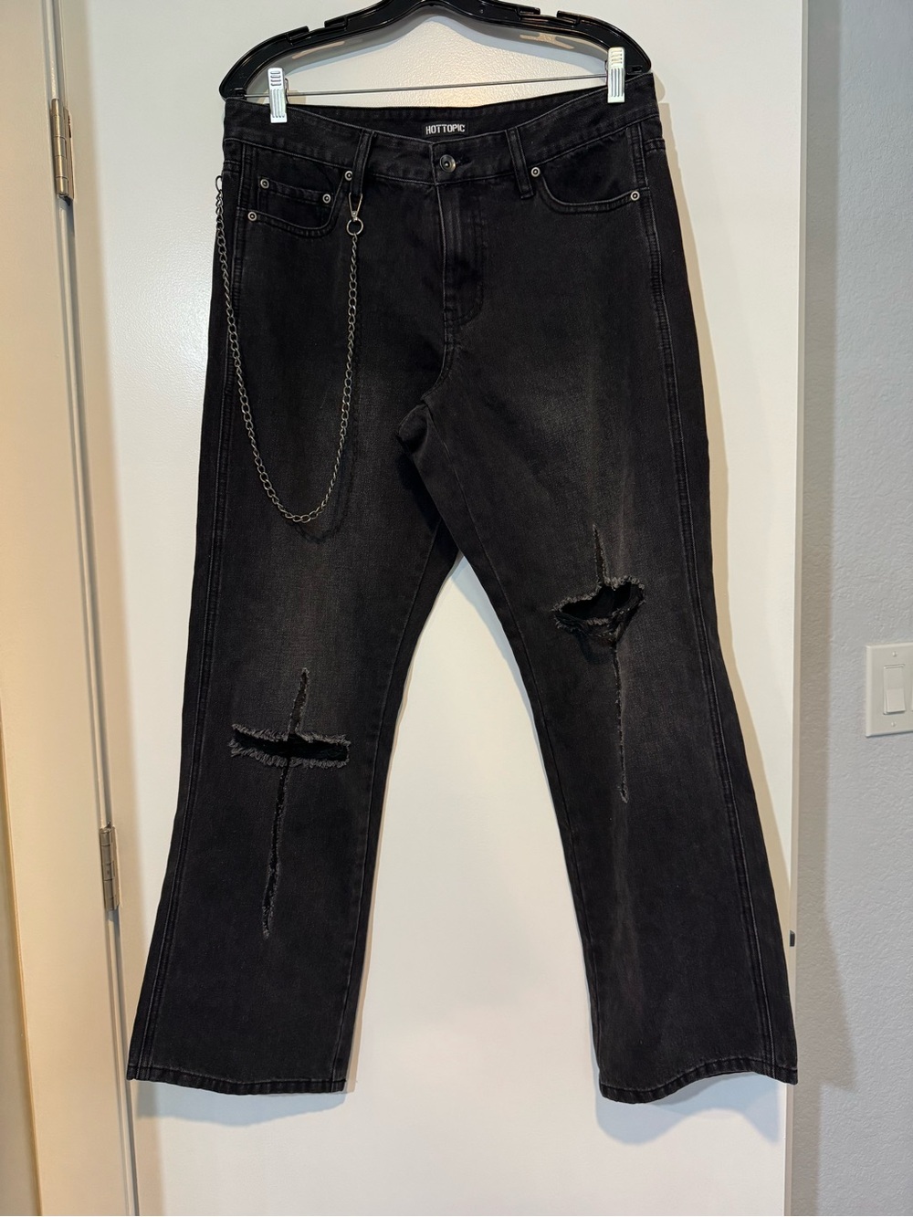 Hot Topic Faded Black Cross Distressed Jeans with Chain Detail